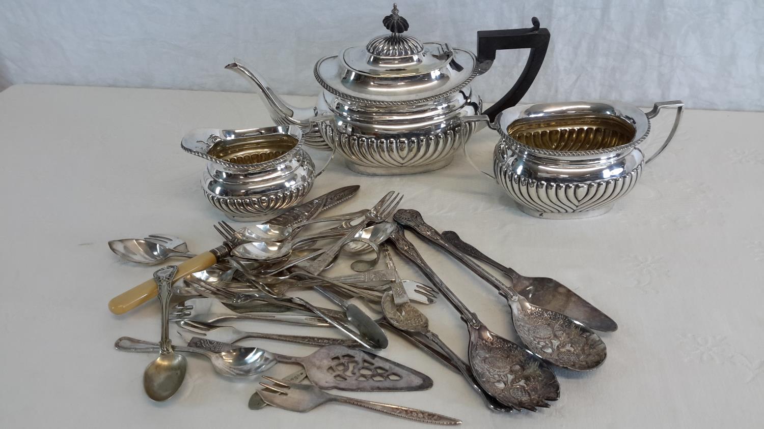 EP 3 piece tea service together with various loose cutlery