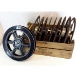 Taylors bulbs wooden crate with 9 vintage Kershaw Leeds metal film reels.