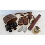 Carl Zeiss Jena Telact binoculars & case, pocket compass, cigar case & leather bound scope