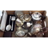 A box of EP wares to include servers, teapots & cutlery etc