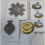 'In Defence' badge, 3 nickel & bronze badges, Perth highlander rifle volunteers & army foundation