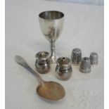 A set of silver hallmarked items to include Chester silver egg cup, Birmingham cruet etc