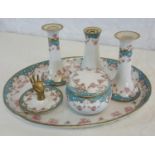 Noritake dressing table set, depicting hand painted flowers, blue and gilt trims. Tray - 2 x 32 x