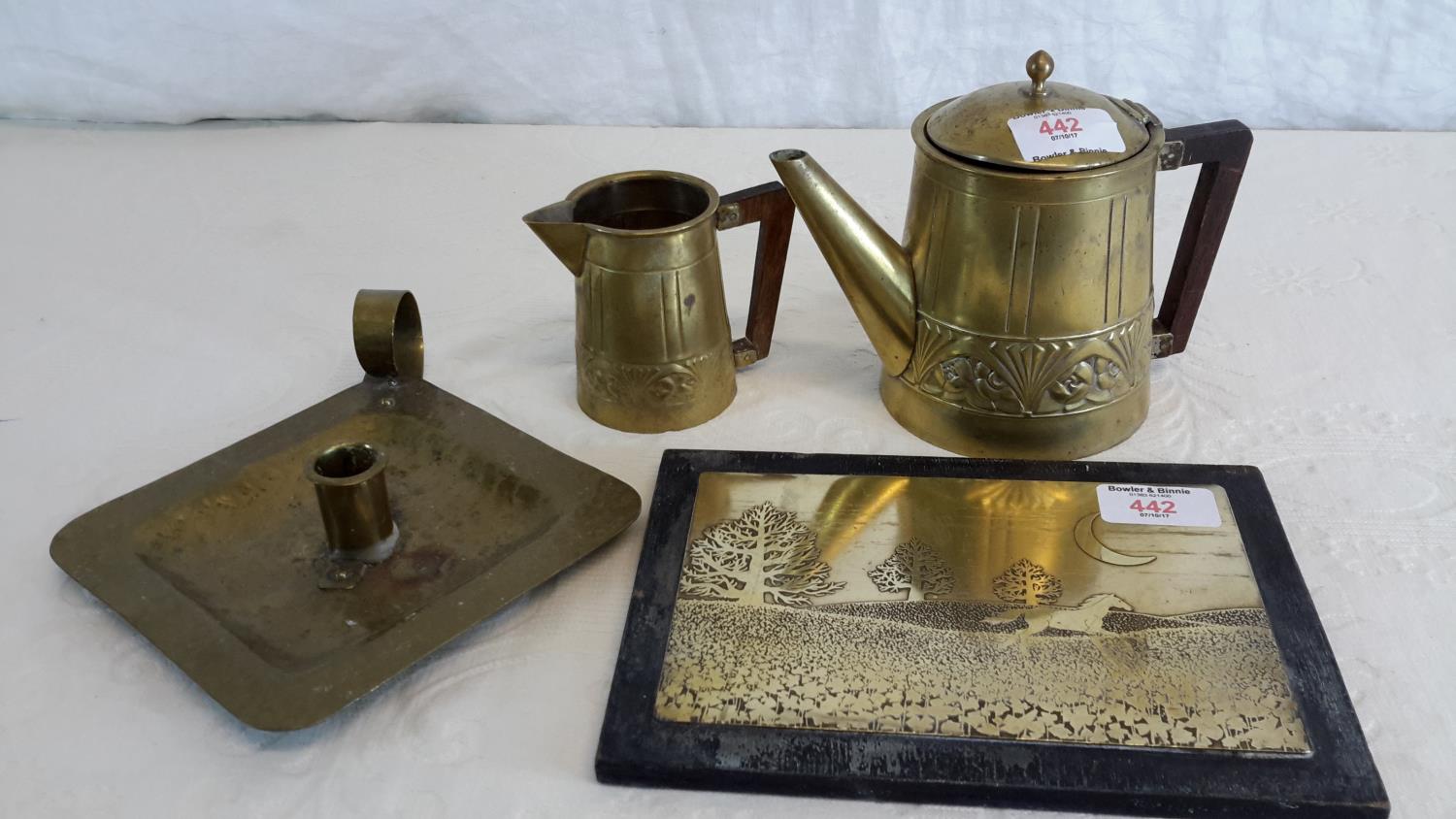 3 arts & crafts items to include, teapot & cream with makers marks to the base