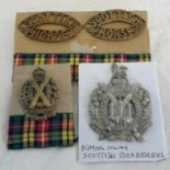 2 brass Scottish horse badges, Scottish horse 1900 South Africa badge & Kings own Scottish Borders