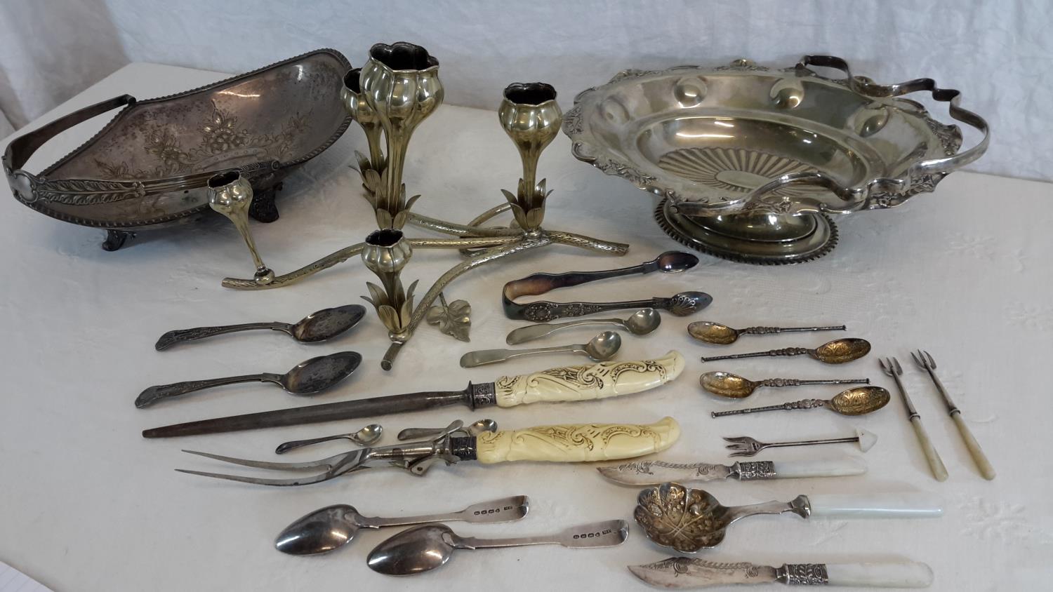 A collection of silver hall marked items & EP wares, to include mother of pearl handled cutlery &
