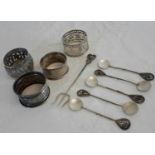 Silver Filigree spoon set, pickle fork & 3 Birmingham silver napkin rings and one other