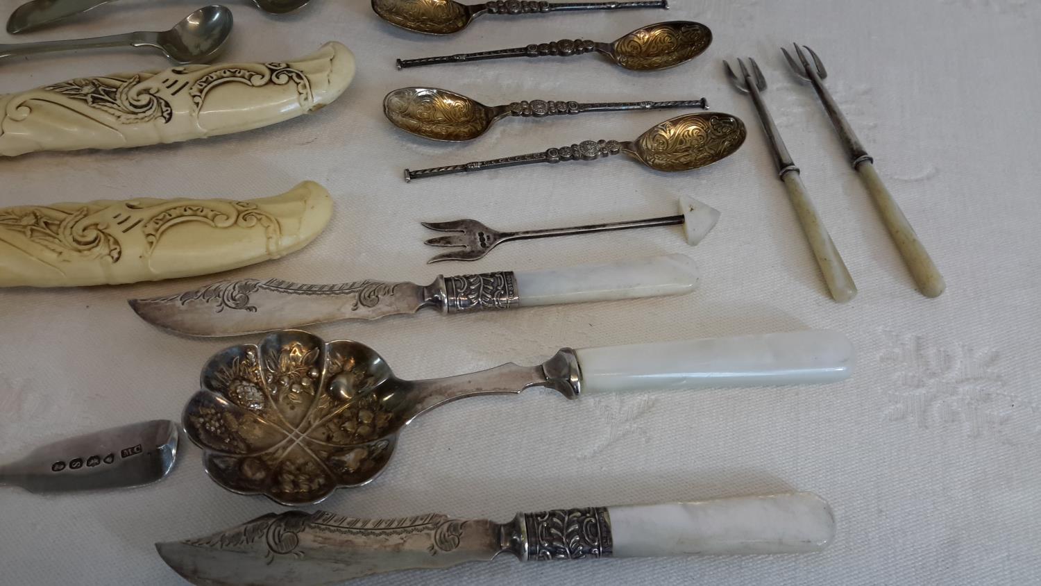 A collection of silver hall marked items & EP wares, to include mother of pearl handled cutlery & - Image 3 of 3