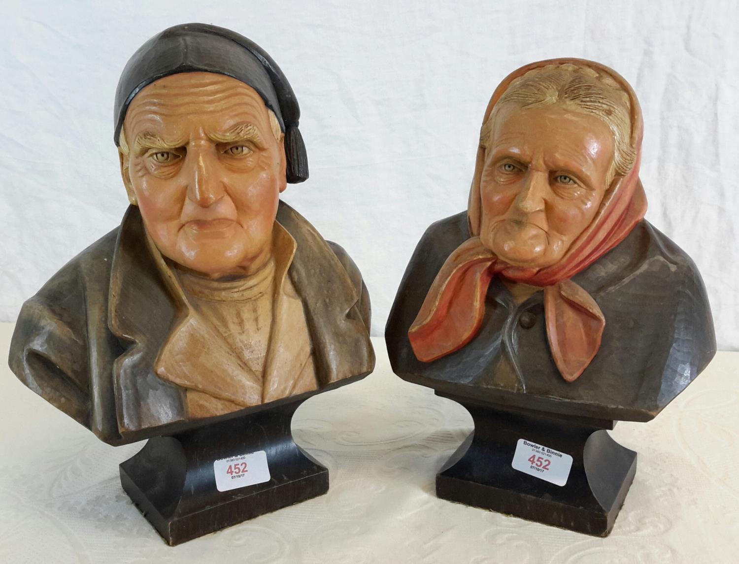 Carved wood busts of an old man & woman, possible by H Grossman-Michel, Brienz, Switzerland, 32cm in