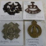 The Royal Scots badge, the cameronians badge, Canadian forestry corps badge & royal field