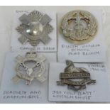 Seaforth & Cameronians badge, Queen Victoria School plaid brooch, RHF & Canada Badge and 3rd Vol.