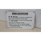 Vintage enamel "Precautions" A W Bombs sign. 20.5 x 30.5cm