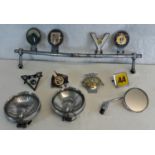 A collection of vintage car badges with bar, 2 Lucas head lamps & vintage mirror