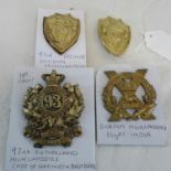 2 92nd regiment Gordon Highlanders badges, 93rd Sutherland highlanders badge & Gordon highlanders