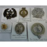 6 military badges to include Cameronians, 1st Sutherland rifle volunteers & The Royal Scots helmet