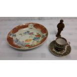 Oriental bowl, cup & saucer & metal figure