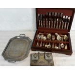 Canteen of cutlery, EP deco serving tray & EP inkwell stand