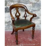 Victorian mahogany captains carver chair with green leather & stud upholstery, 84cm in height