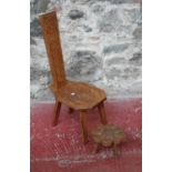 Arts & Crafts spinning wheel chair & flower shaped footstool, 82cm in height