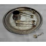 Silver plated small card tray, serving mustard pot, 2 EP tongs & Edinburgh silver small spoon by