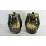 2 Scottish Kirkcaldy pottery storage jars with lids 'sugar & meal' by Morrison & Crawford. 30cm in