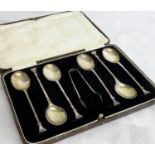 A set of 6 Birmingham silver spoons & small tong set by William Suckling Ltd, dated 1932