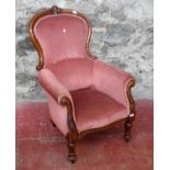 Victorian spoon back chair with scroll arms & pink material upholstery, 106cm in height