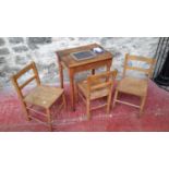 3 elm wood child size chairs & oak child's school desk, together with early slate board (early