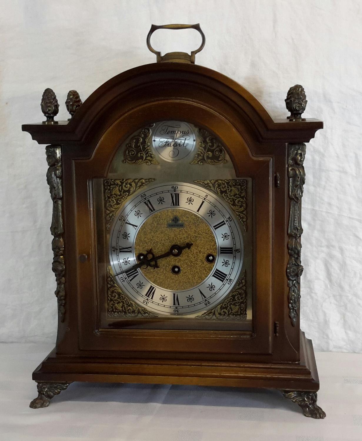 Tempus Fugite 3 hole mantle clock with key. 43cm in height.