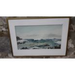 J.M.Milne coastal scene watercolour painting, size 46x26, frame size 60x43