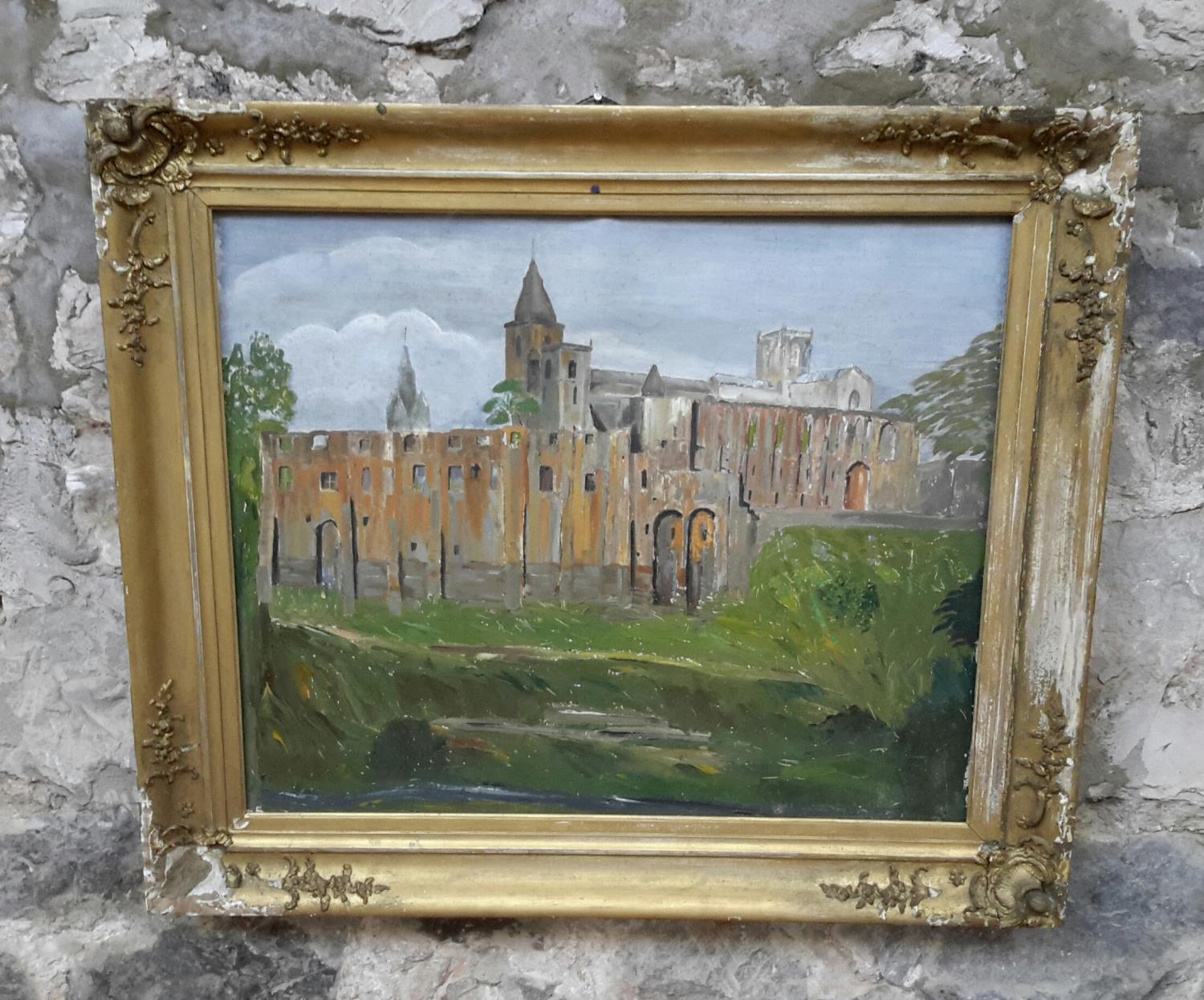 A large oil on canvas Painting of Dunfermline Abbey By W.B. Robertson, Possibly late 1800's fitted