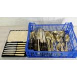 A crate of EP cutlery & boxed knife canteens