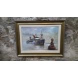 A large limited edition canvas print by Kelly 30/195 of a ship scene, Fitted in a heavy gilt frame