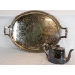 Large Christofle French silver plated gallery tray & EP teapot, 63x42cm