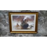 A large limited edition canvas print by Kelly 113/195 of a ship scene, Fitted in a heavy gilt