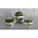 3 Piece early Royal Doulton hand painted tea pot, sugar and cream, All depicting birds with green