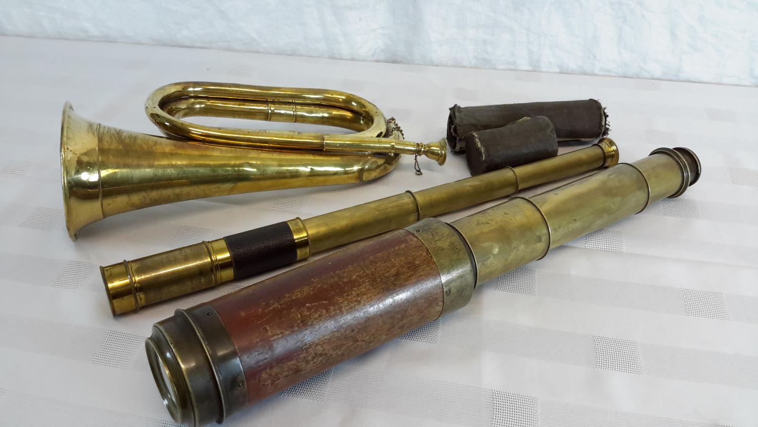 Military bugle together with 2 antique 3 pull brass scopes