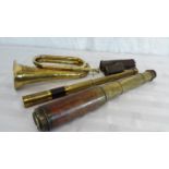 Military bugle together with 2 antique 3 pull brass scopes