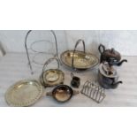 A selection of EP & silver plated items to include teapots, baskets & toast racks etc