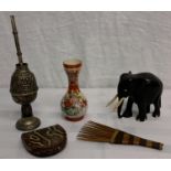 Argentina white metal opium pot, Japanese vase, African tribal comb & leather purse etc