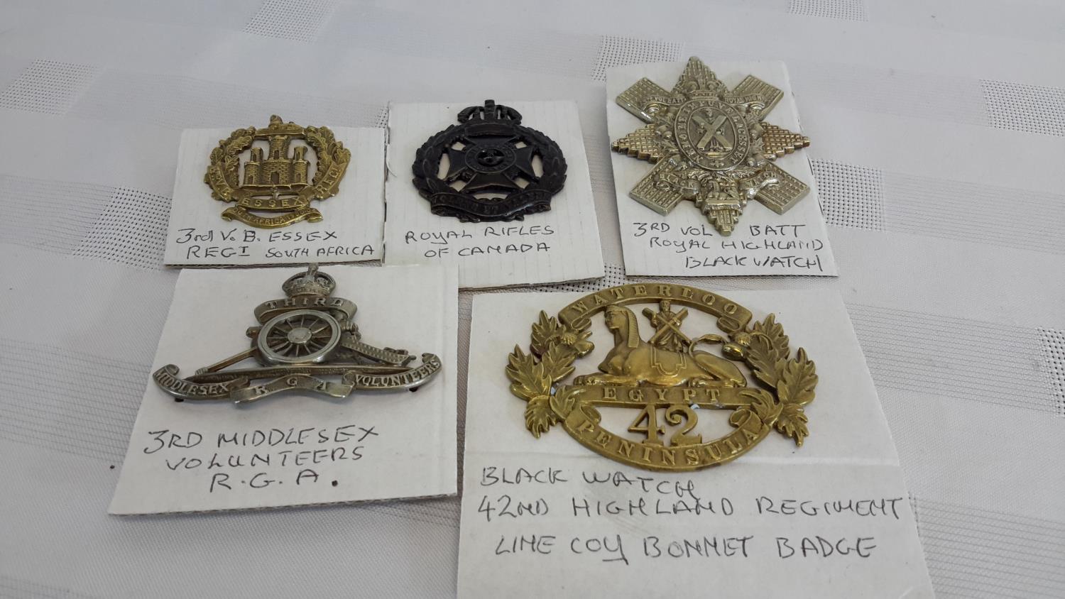 5 Various military badges to include Royal rifles of Canada, Royal highland black watch & 3rd