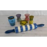 4 Pieces of Scottish art glass, Victorian Royal jubilee preserve & T.G.Green & co rolling pin.