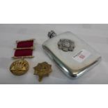 Hip flask with military badge, brass cap badge & London silver gilt Masonic medal