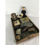 Tray of collectables to include 2 19th century snuff boxes, Deco calendar & paperweights etc