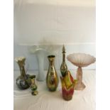 A collection of Art glass to include Art Deco pink frosted glass centre piece, Murano vase & jug etc