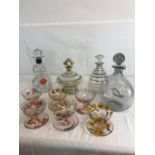 A Set of 6 vintage desert bowls together with 4 various retro spirit decanters