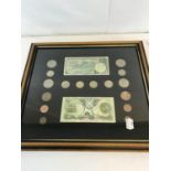 A Framed Royal Bank of Scotland Ltd 1pound note and various decimal coins framed