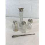 3 silver topped dressing table items, silver rimmed & glass vase & silver rimmed limoge vase