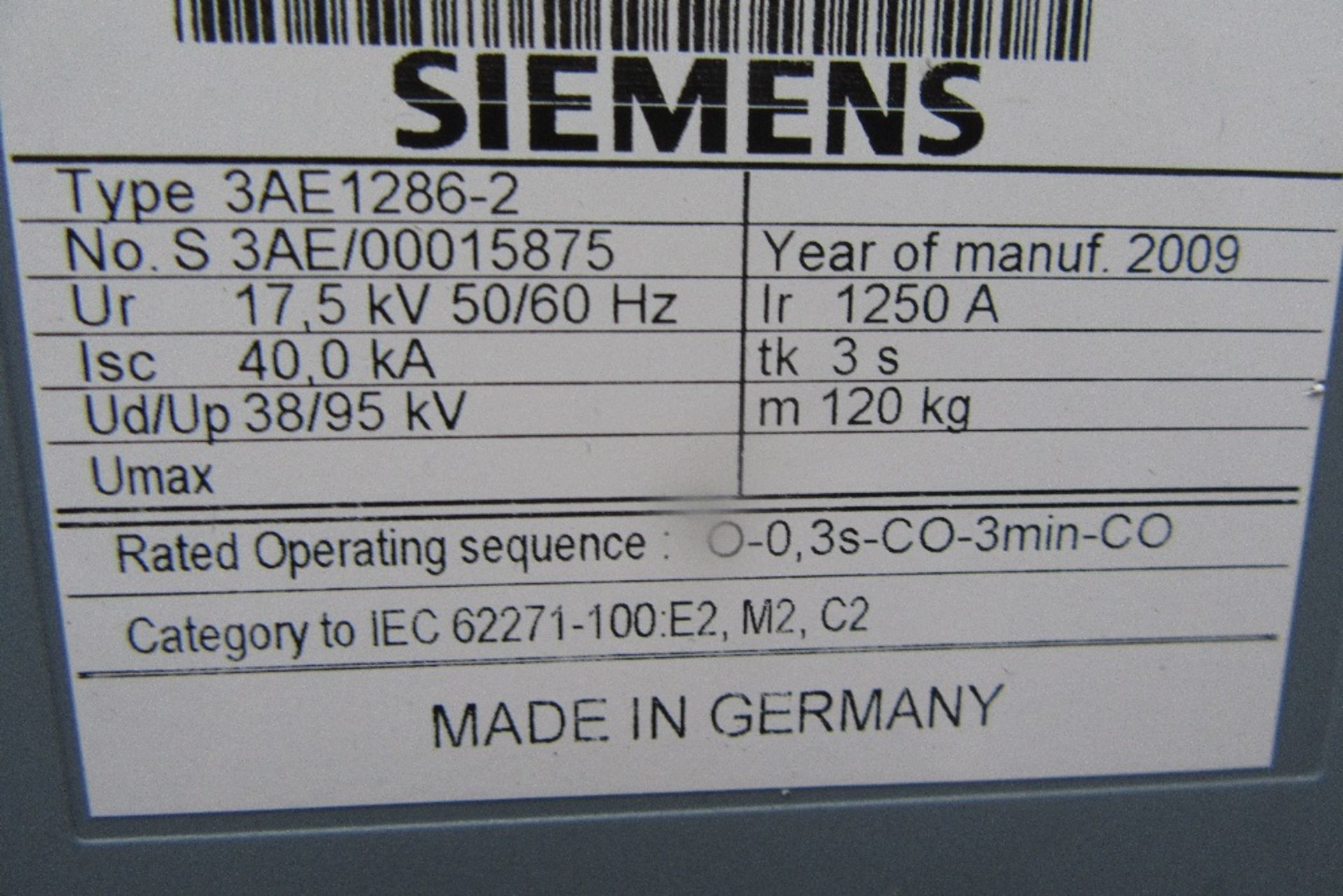 Siemens Sion 3AE1286-2 Circuit Breaker, UR: 17.5kV 50/60Hz, ISC: 40.0kA, Year of Manufacture: 2009 - Bild 8 aus 8