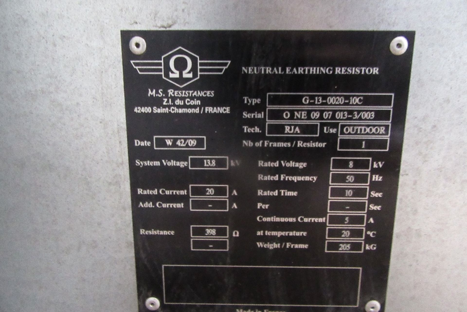 MS Resistance G-13-0020-10C Neutral Earthing Resistor Unit, Rated voltage: 8kV, Rated current: 20A, - Image 3 of 3